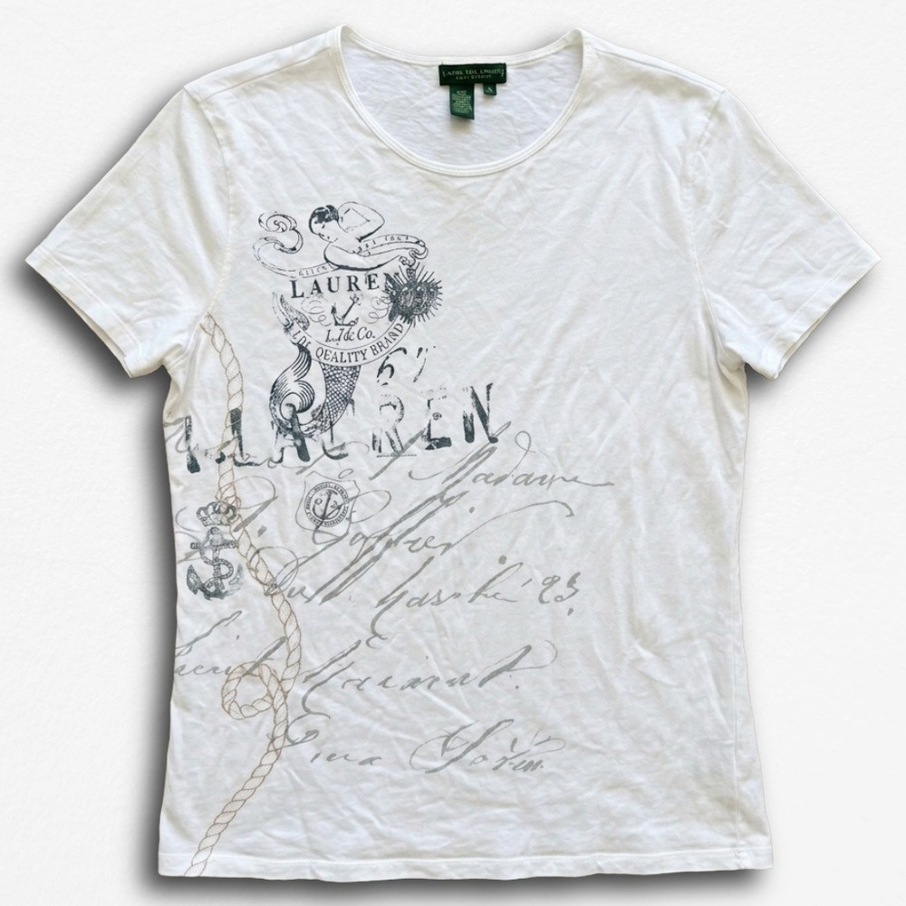 Lauren Jeans Co RalphLauren White Graphic T-Shirt Mermaid Anchor Nautical Medium